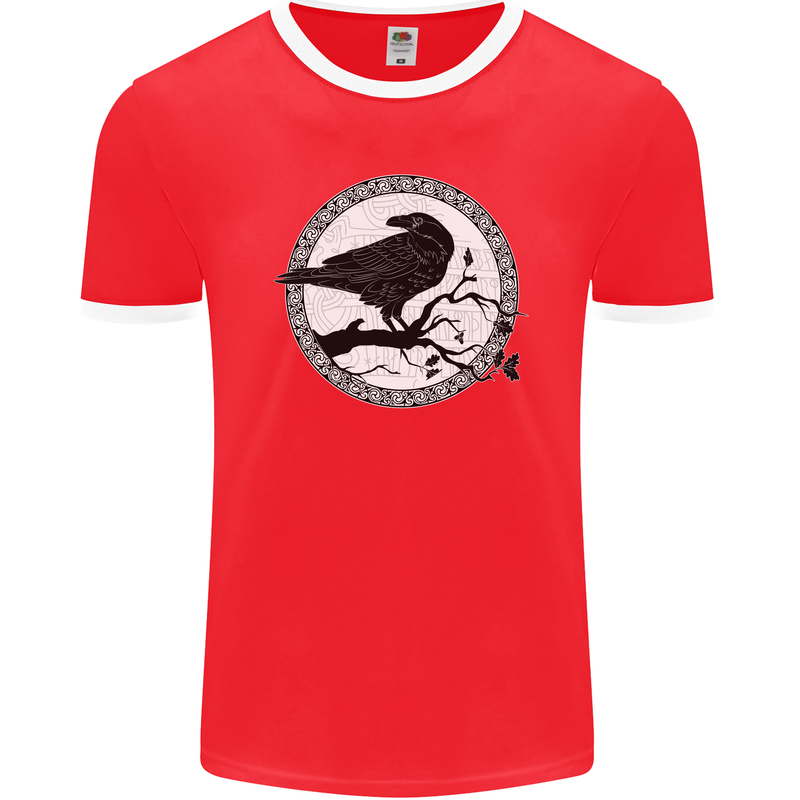Viking Crow Celtic Norse Valhalla Odin Thor Mens Ringer T-Shirt FotL Red/White