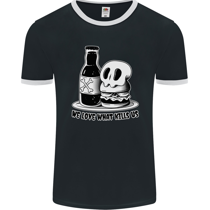 What We Love Kills Us Burger Food Skull Mens Ringer T-Shirt FotL Black/White