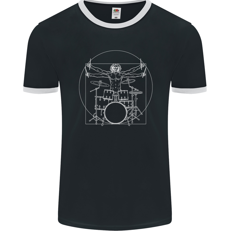 Vitruvian Drummer Funny Drumming Mens Ringer T-Shirt FotL Black/White