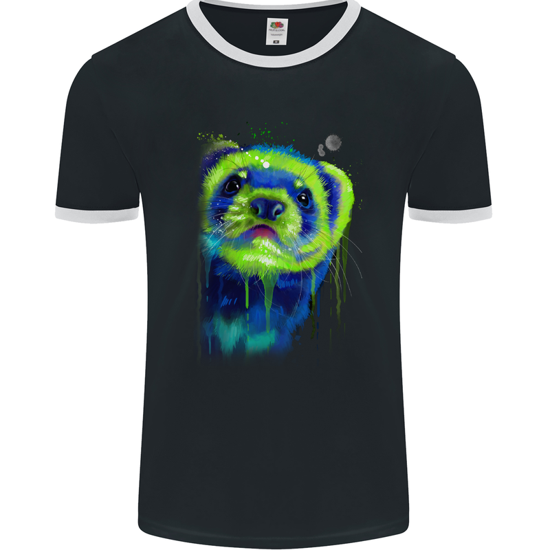 A Ferret Watercolour Mens Ringer T-Shirt FotL Black/White