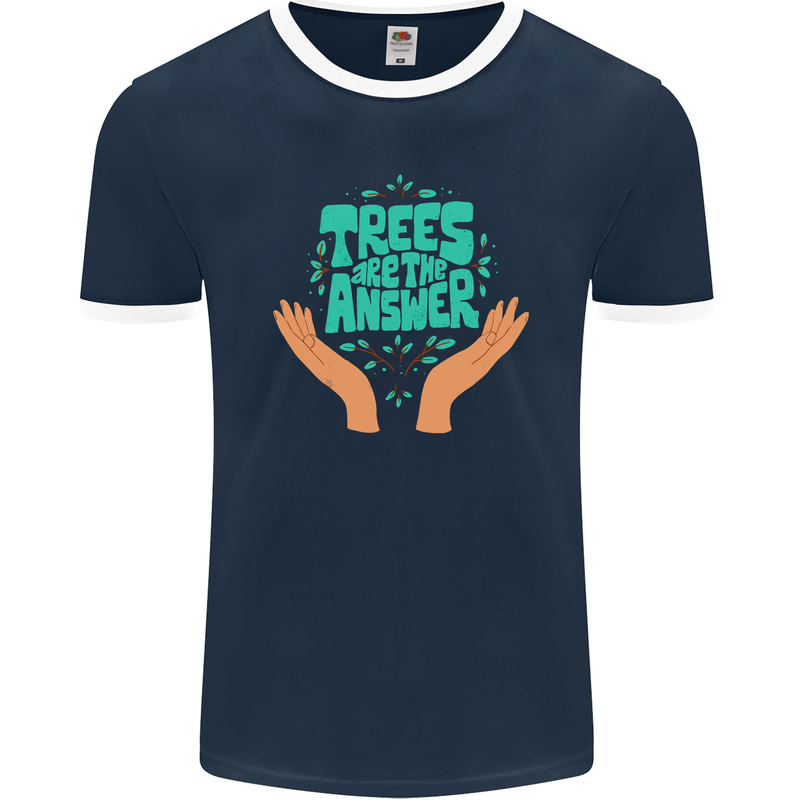Climate Change Trees Are the Answer Mens Ringer T-Shirt FotL Navy Blue/White