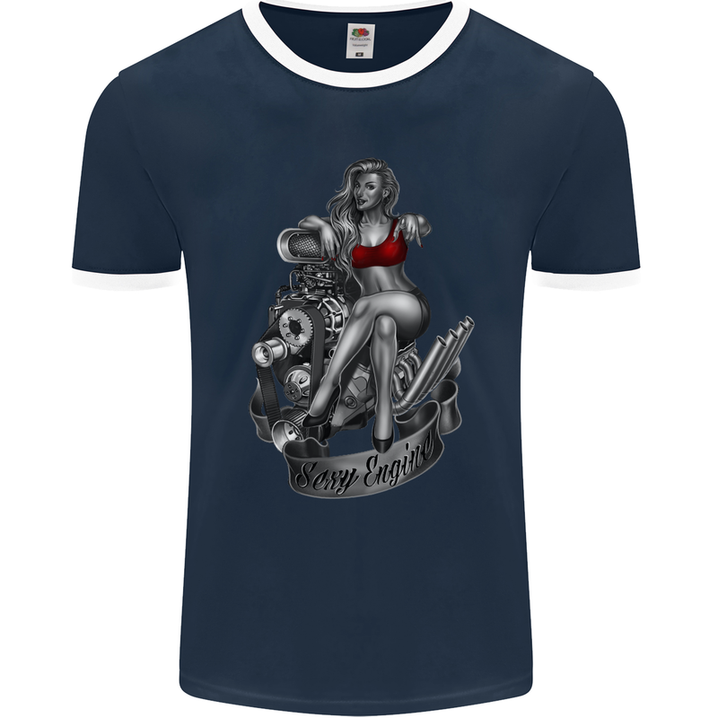 Sexy Engine Muscle Car Hot Rod Hotrod Mens Ringer T-Shirt FotL Navy Blue/White