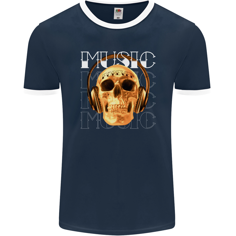 Forever Music Skull Rock Heavy Metal Punk Mens Ringer T-Shirt FotL Navy Blue/White