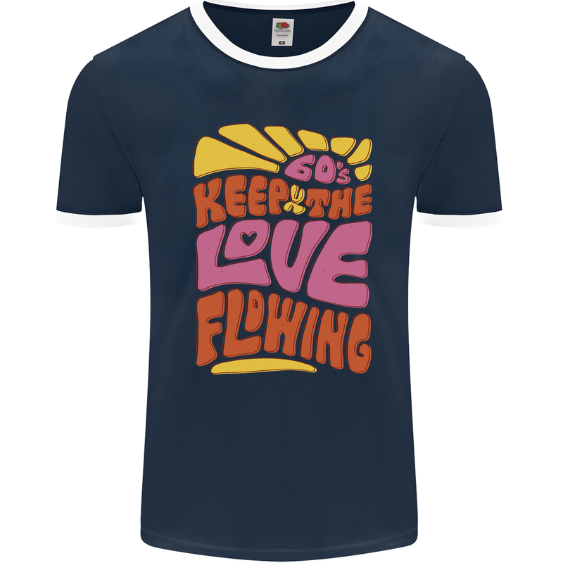 60s Keep the Love Flowing Funny Hippy Peace Mens Ringer T-Shirt FotL Navy Blue/White