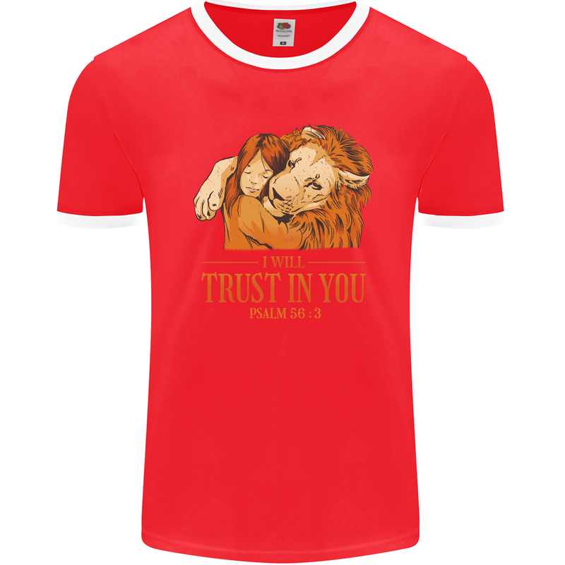 Religion Christianity Bible Trust in Lion Mens Ringer T-Shirt FotL Red/White