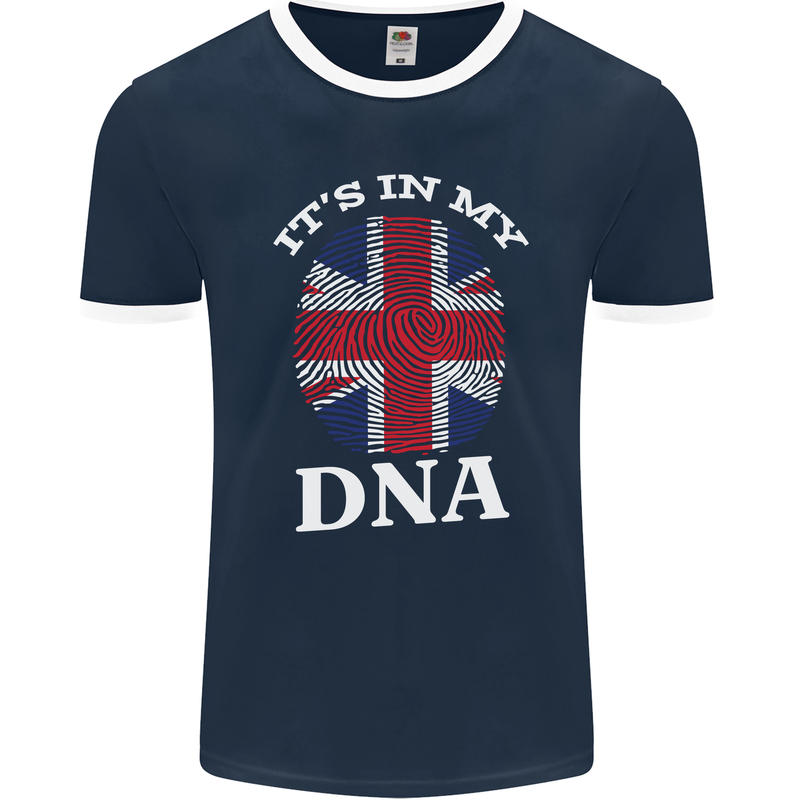 Britain Its in My DNA Funny Union Jack Flag Mens Ringer T-Shirt FotL Navy Blue/White