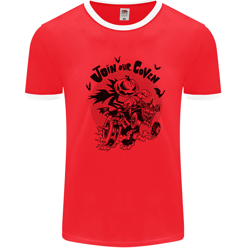 Join Our Coven Funny Halloween Pumpkin Mens White Ringer T-Shirt Red/White