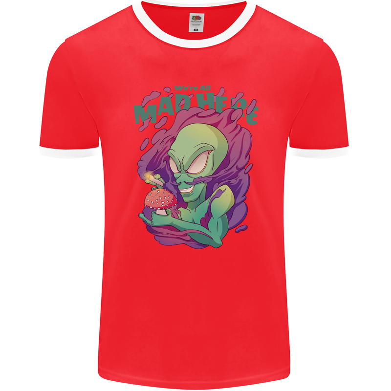 All Mad Here Alien Magic Mushrooms Mens Ringer T-Shirt FotL Red/White