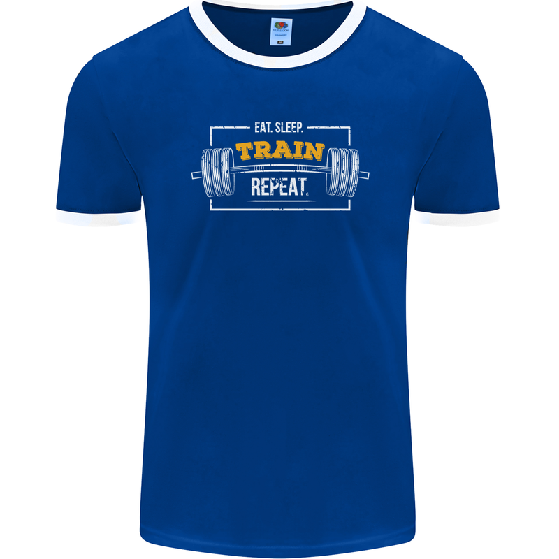 Eat Sleep Train Repeat Gym Training Top Mens Ringer T-Shirt FotL Royal Blue/White