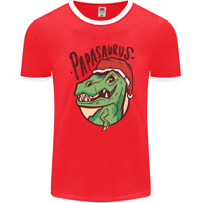 Christmas Papasaurus T-Rex Dinosaur Mens Ringer T-Shirt FotL Red/White