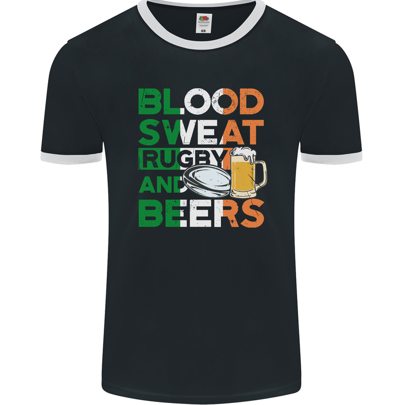 Blood Sweat Rugby and Beers Ireland Funny Mens Ringer T-Shirt FotL Black/White