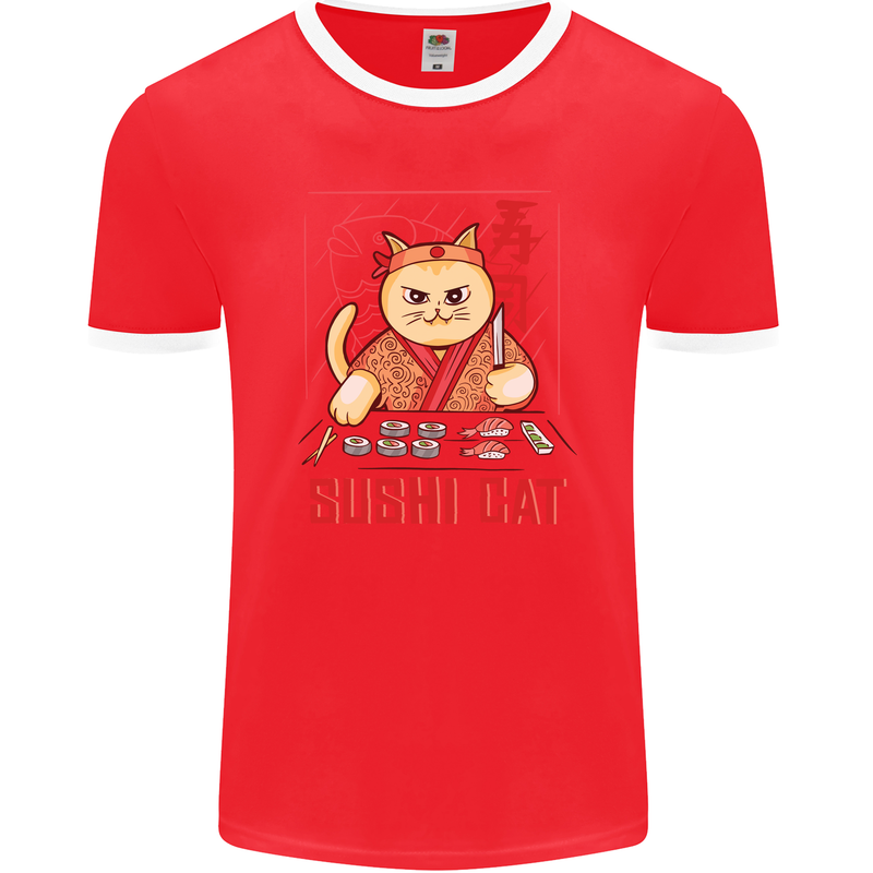 Funny Sushi Cat Food Fish Chef Japan Mens Ringer T-Shirt FotL Red/White