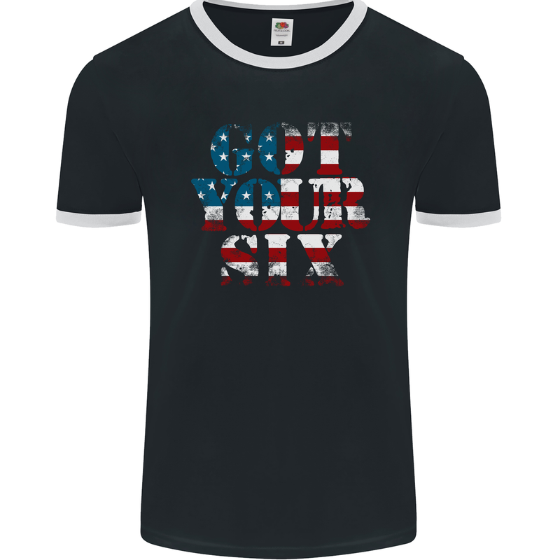 USA I've Got Your Six American Flag Army Mens Ringer T-Shirt FotL Black/White