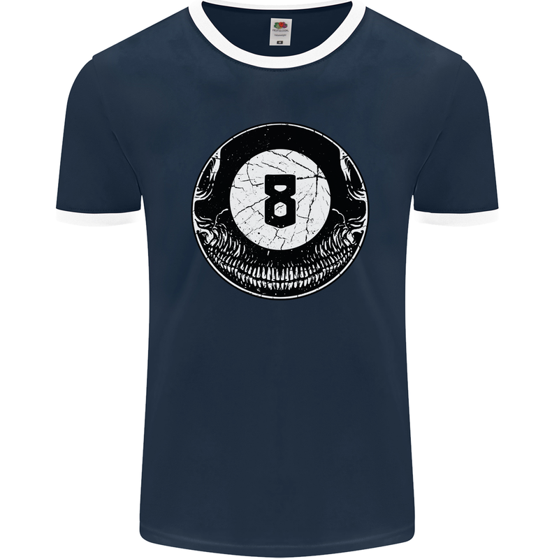 8-Ball Skull Pool Player 9-Ball Mens Ringer T-Shirt FotL Navy Blue/White