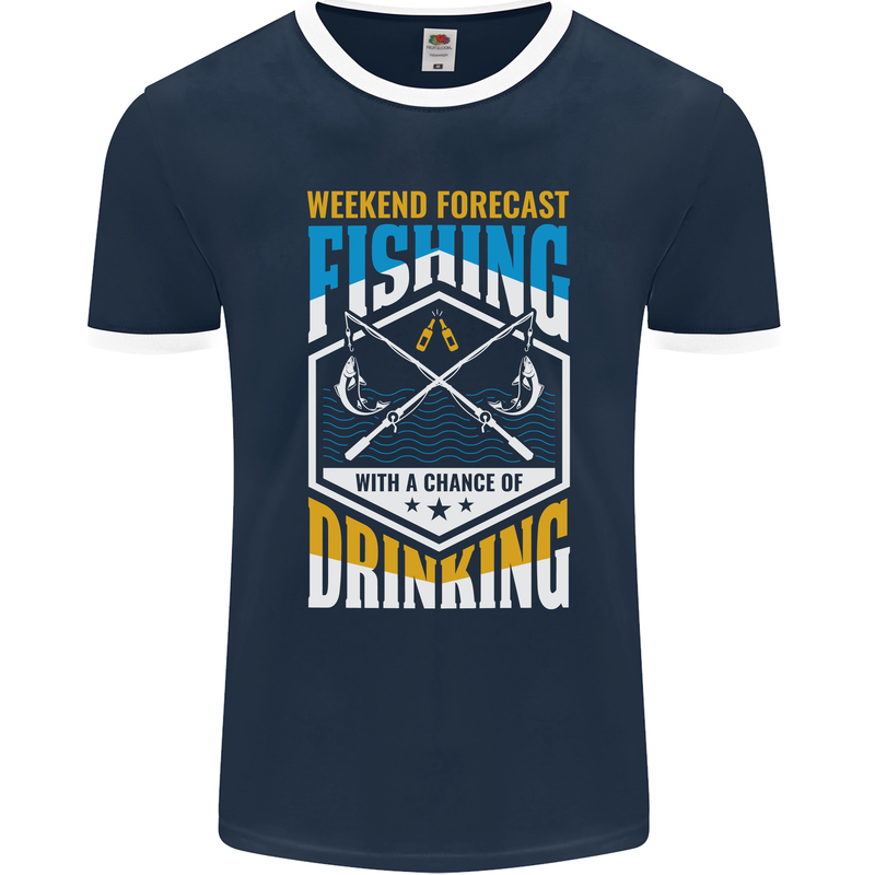 Weekend Fishing Funny Alcohol Beer Mens Ringer T-Shirt FotL Navy Blue/White