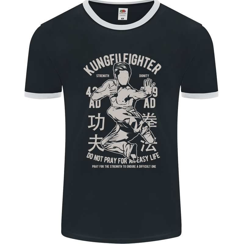 Kung Fu Fighter Mixed Martial Arts MMA Mens Ringer T-Shirt FotL Black/White