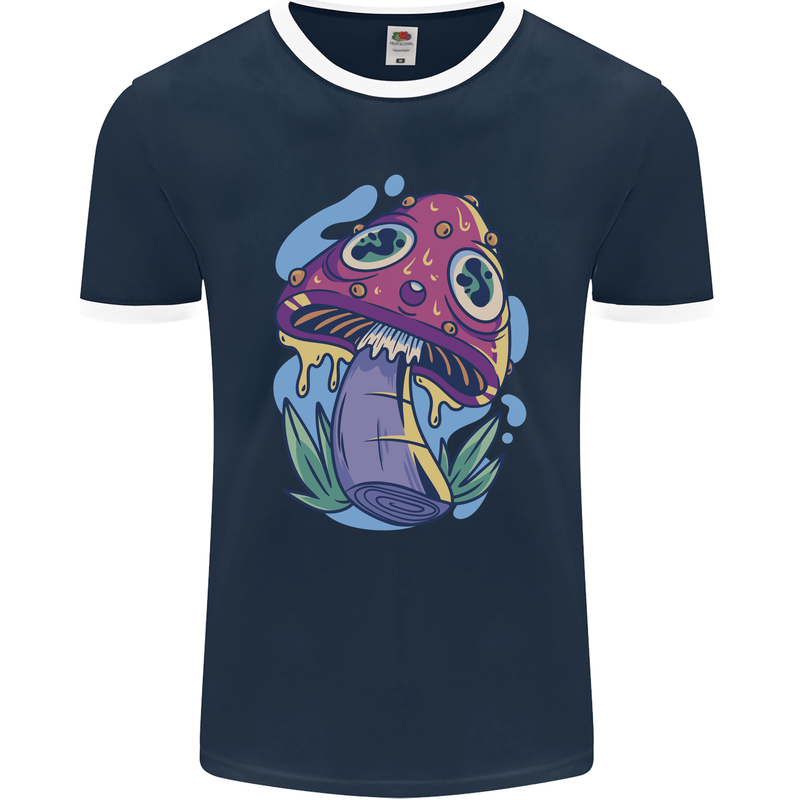 Trippy Magic Mushroom LSD Mens Ringer T-Shirt FotL Navy Blue/White