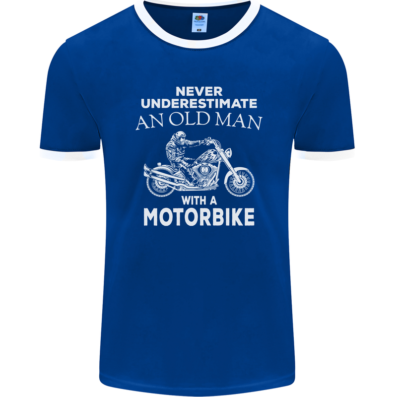 Biker Old Man Motorbike Motorcycle Funny Mens Ringer T-Shirt FotL Royal Blue/White