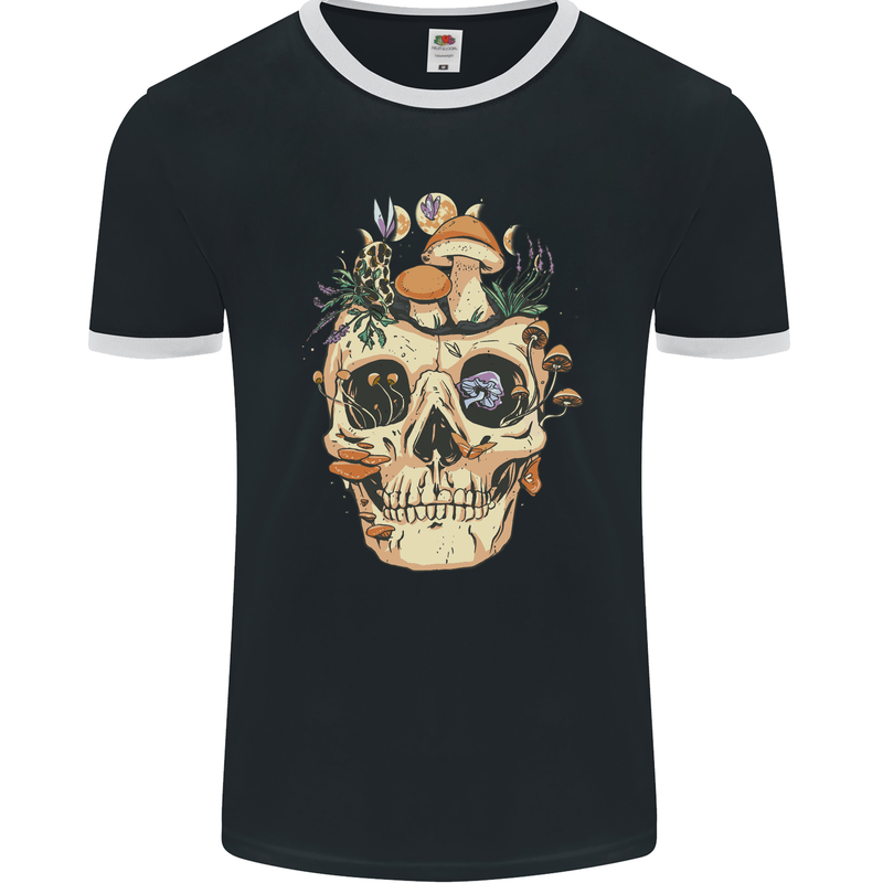 Mushroom Skull Nature Ecology Toadstool Mens Ringer T-Shirt FotL Black/White