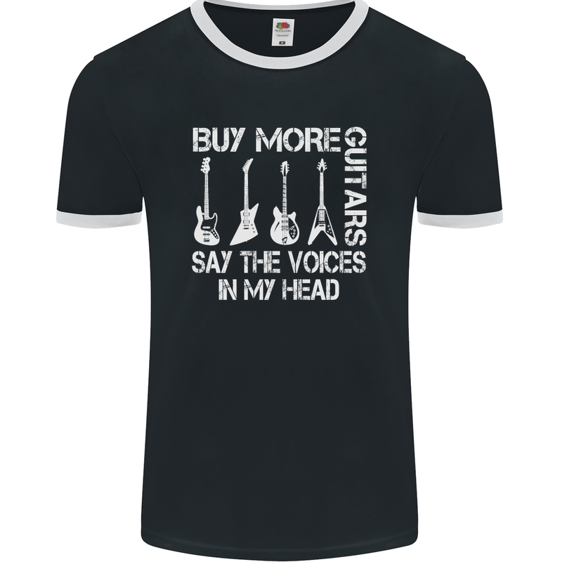 Buy More Guitars Say the Voices Funny Mens Ringer T-Shirt FotL Black/White