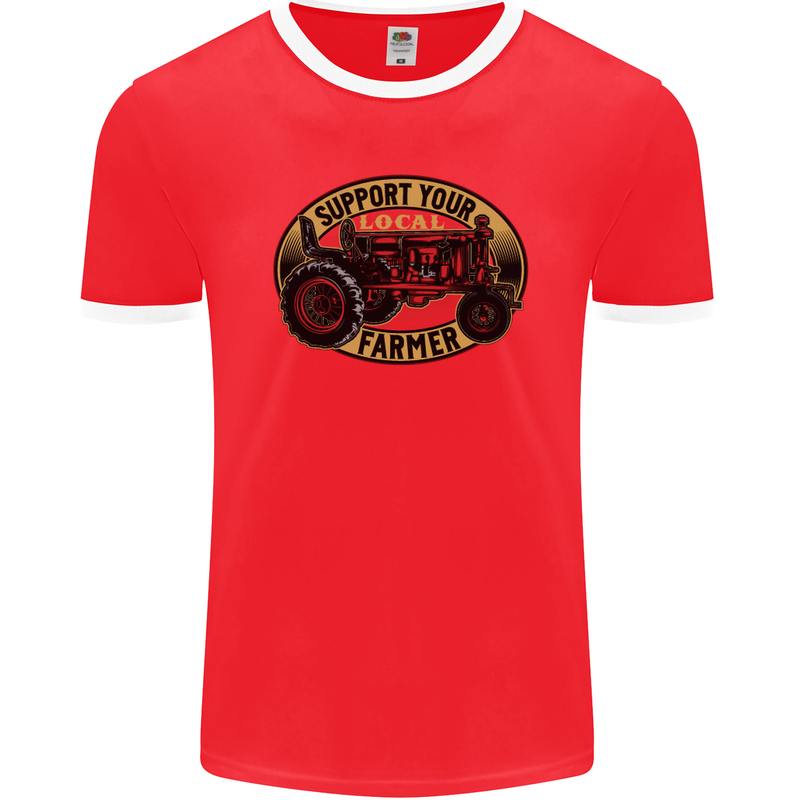 Farming Support Your Local Farmer Mens Ringer T-Shirt FotL Red/White