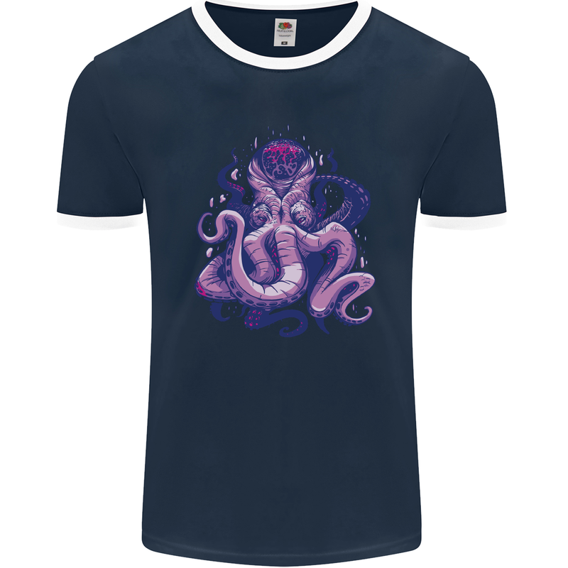 Purple Cthulhu Kraken Octopus Mens Ringer T-Shirt FotL Navy Blue/White