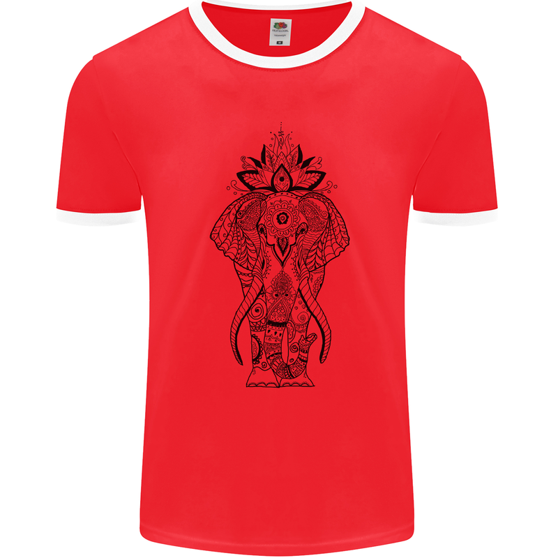 Black Mandala Art Elephant Mens Ringer T-Shirt FotL Red/White