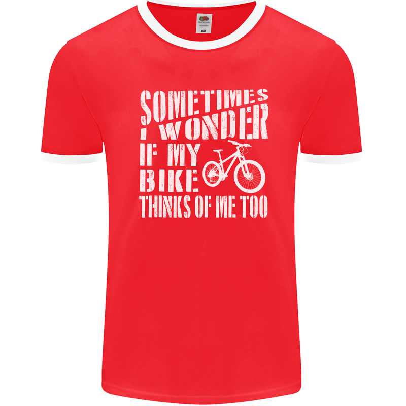 Cycling I Wonder If My Bike Bicycle Cyclist Mens Ringer T-Shirt FotL Red/White