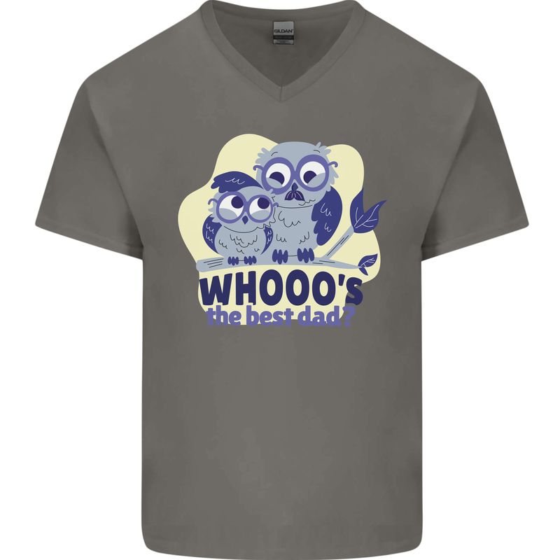 Whoos the Best Dad Funny Fathers Day Owl Mens V-Neck Cotton T-Shirt Charcoal