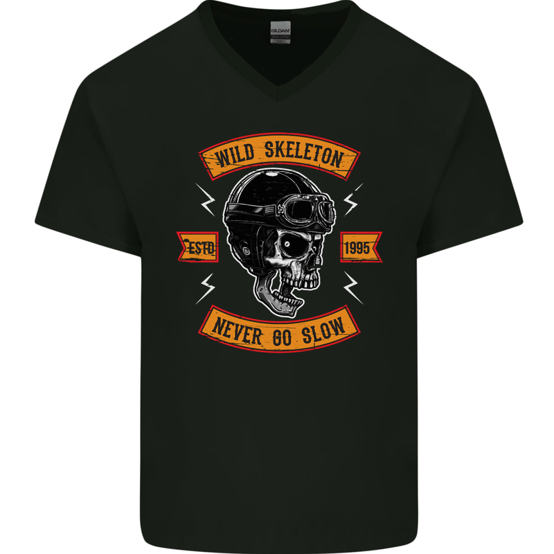 Wild Skeleton Motorcycle Motorbike Biker Mens V-Neck Cotton T-Shirt Black