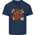 Wild & Free Mushroom Foraging Nature Mens V-Neck Cotton T-Shirt Navy Blue