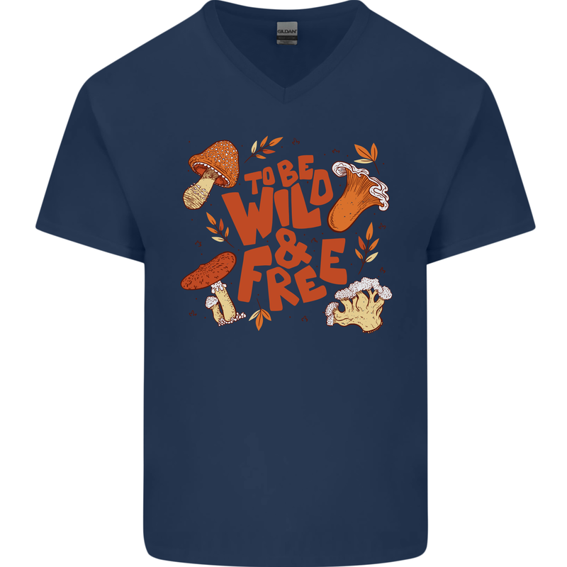 Wild & Free Mushroom Foraging Nature Mens V-Neck Cotton T-Shirt Navy Blue