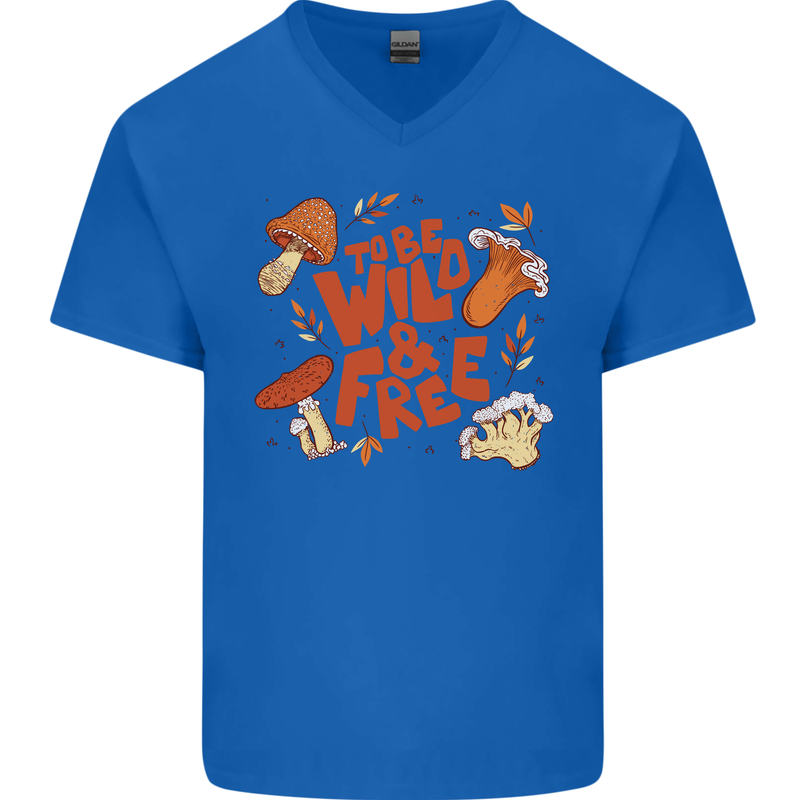 Wild & Free Mushroom Foraging Nature Mens V-Neck Cotton T-Shirt Royal Blue