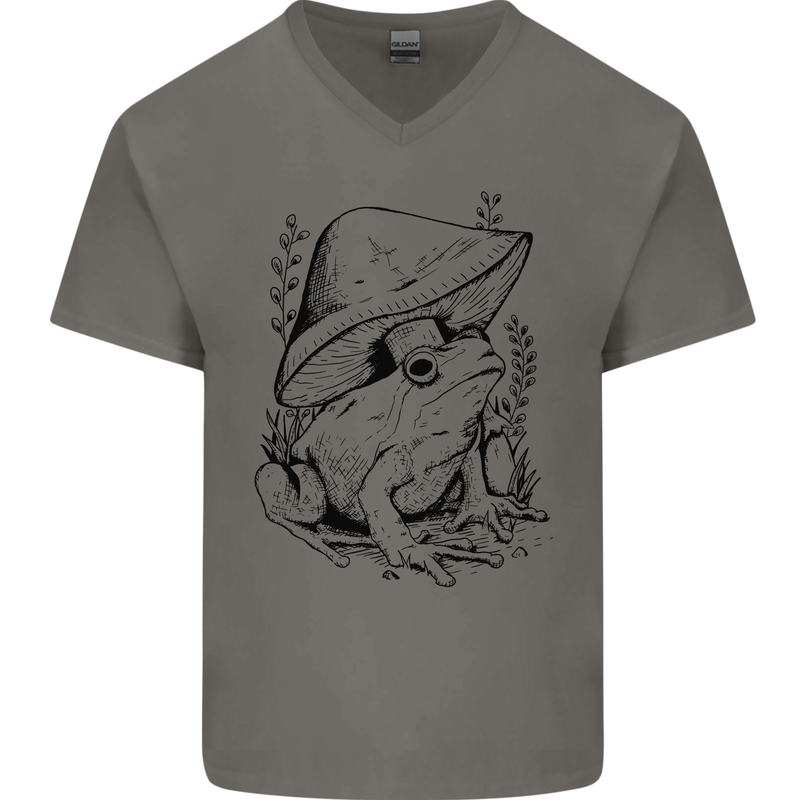 Wildlife Ecology a Frog and a Toadstool Mens V-Neck Cotton T-Shirt Charcoal