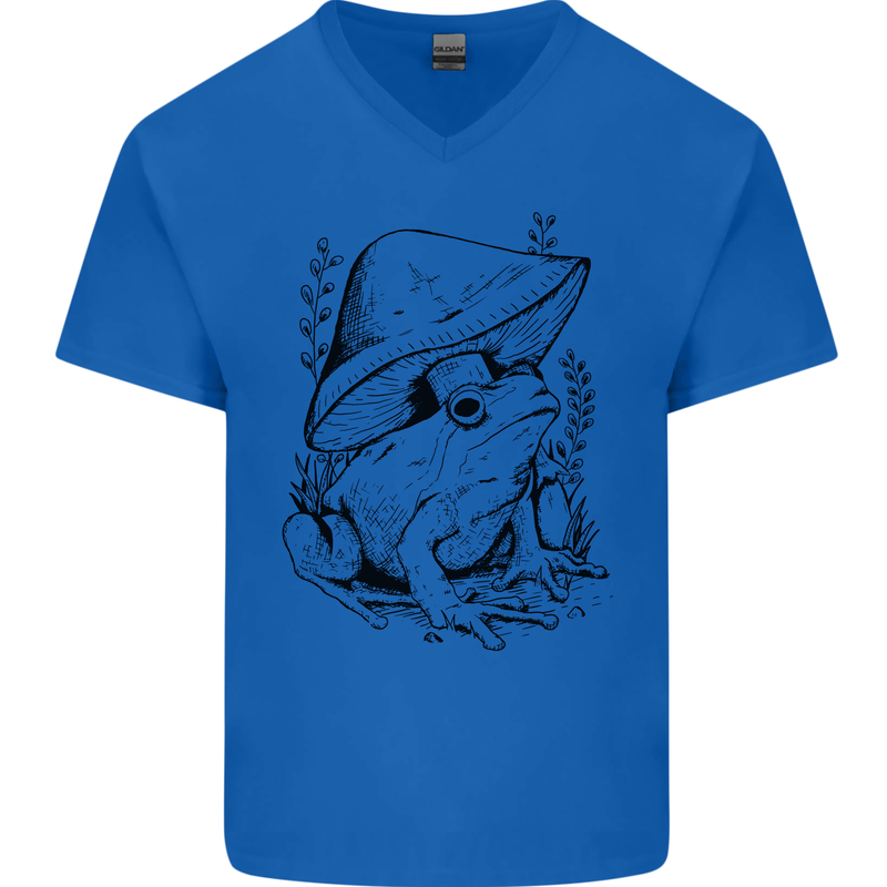 Wildlife Ecology a Frog and a Toadstool Mens V-Neck Cotton T-Shirt Royal Blue