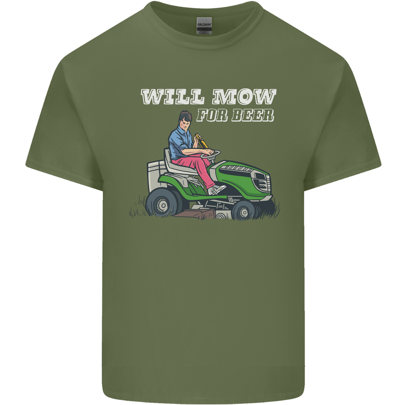 Will Mo the Lawn For Beer Funny Alcohol Mens Cotton T-Shirt Tee Top Military Green