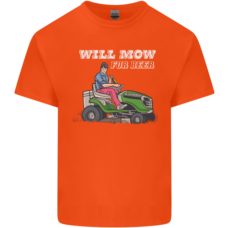 Will Mo the Lawn For Beer Funny Alcohol Mens Cotton T-Shirt Tee Top Orange
