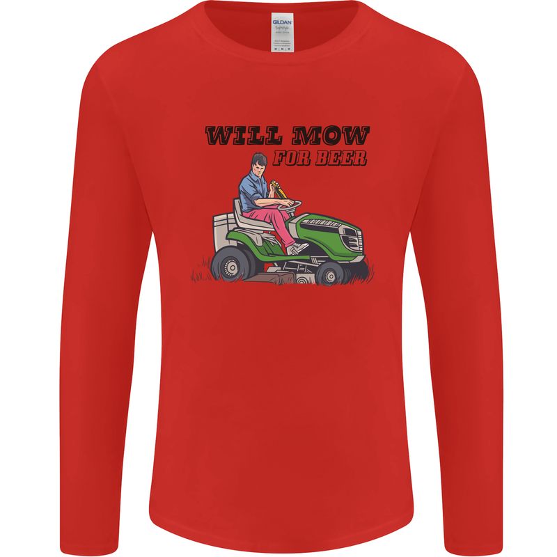 Will Mo the Lawn For Beer Funny Alcohol Mens Long Sleeve T-Shirt Red