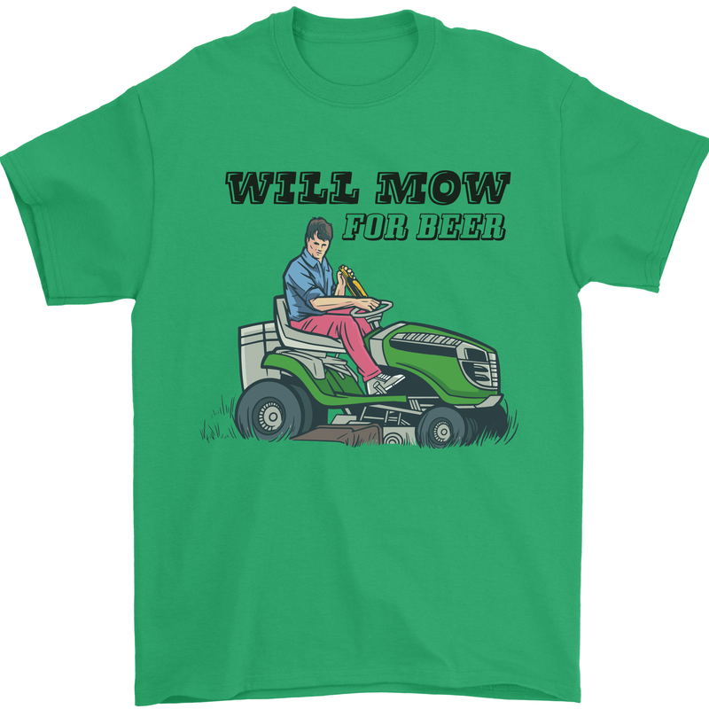 Will Mo the Lawn For Beer Funny Alcohol Mens T-Shirt Cotton Gildan Irish Green