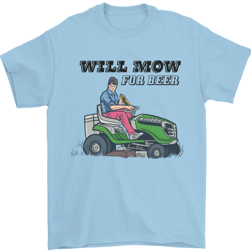 Will Mo the Lawn For Beer Funny Alcohol Mens T-Shirt Cotton Gildan Light Blue