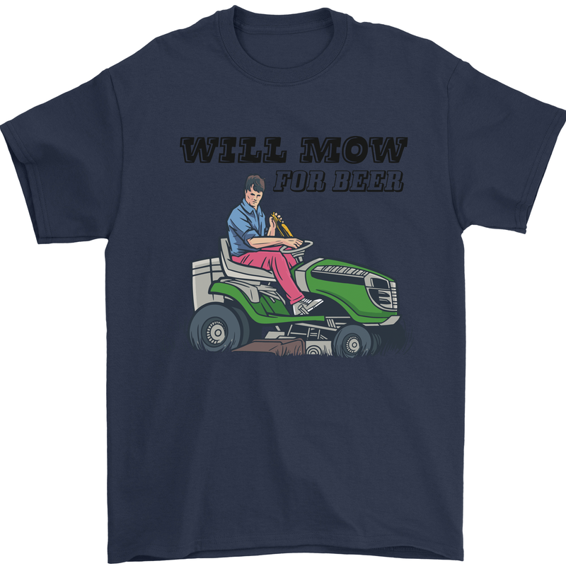 Will Mo the Lawn For Beer Funny Alcohol Mens T-Shirt Cotton Gildan Navy Blue
