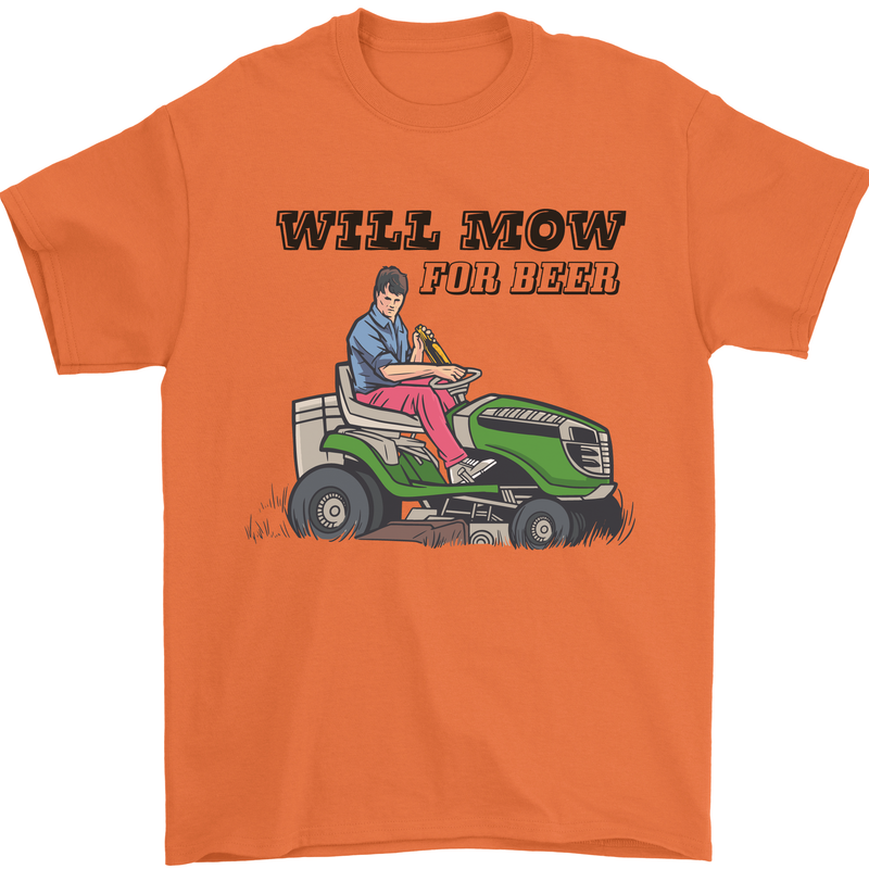 Will Mo the Lawn For Beer Funny Alcohol Mens T-Shirt Cotton Gildan Orange