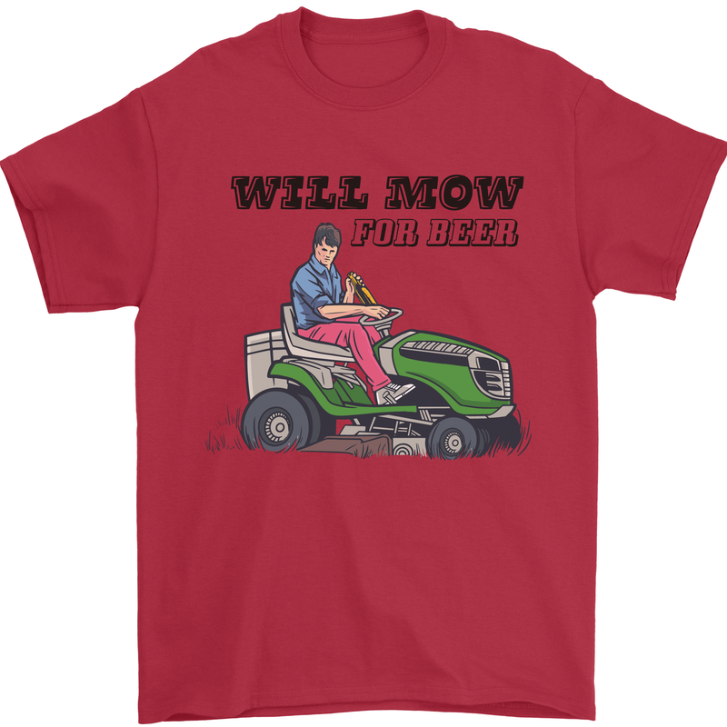 Will Mo the Lawn For Beer Funny Alcohol Mens T-Shirt Cotton Gildan Red