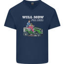 Will Mo the Lawn For Beer Funny Alcohol Mens V-Neck Cotton T-Shirt Navy Blue