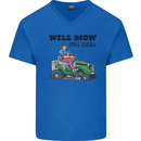 Will Mo the Lawn For Beer Funny Alcohol Mens V-Neck Cotton T-Shirt Royal Blue