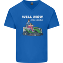 Will Mo the Lawn For Beer Funny Alcohol Mens V-Neck Cotton T-Shirt Royal Blue