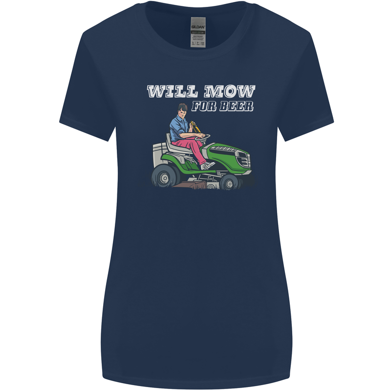 Will Mo the Lawn For Beer Funny Alcohol Womens Wider Cut T-Shirt Navy Blue