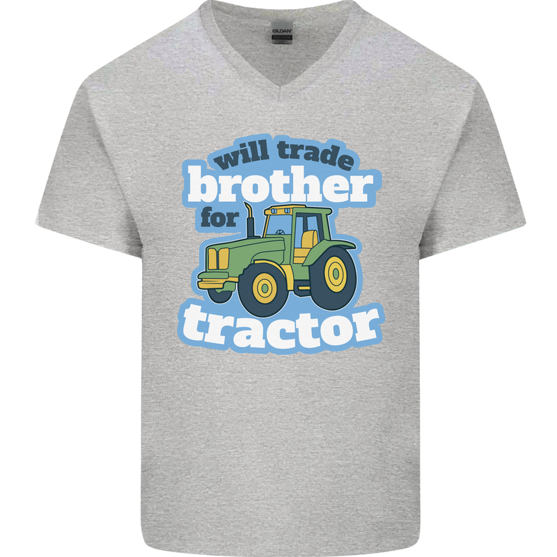 Will Trade Brother For Tractor Farming Mens V-Neck Cotton T-Shirt Sports Grey