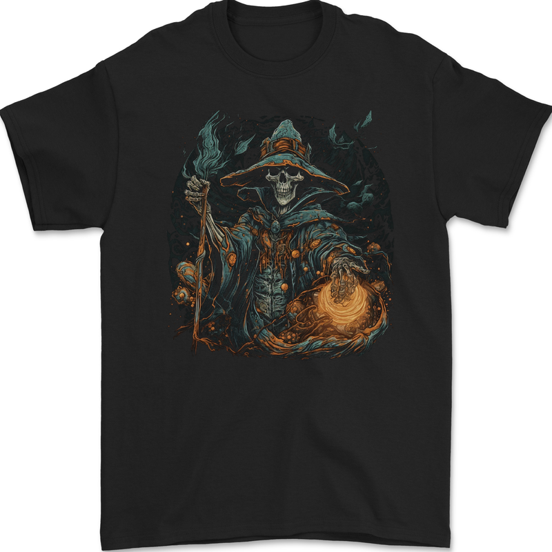Witch Skull Sorcerer Skull Halloween Mens Gildan Cotton T-Shirt Black