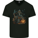 Witch Skull Sorcerer Skull Halloween Mens V-Neck Cotton T-Shirt Black